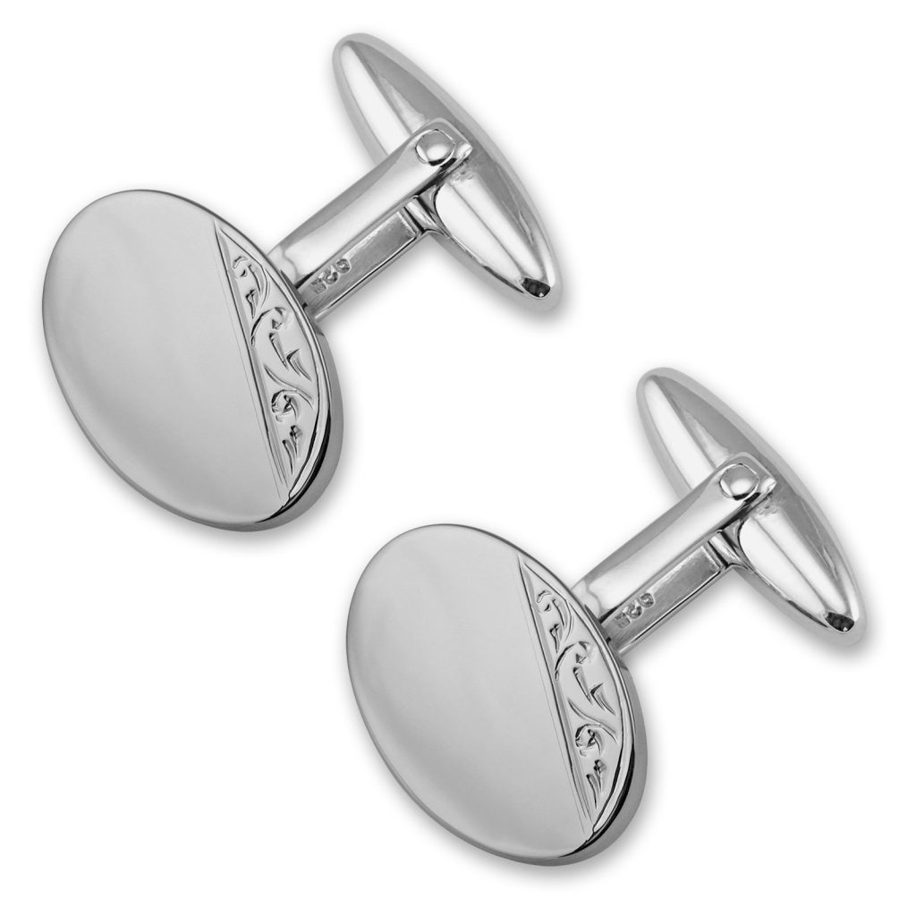 Sterling silver hand engraved oval cufflinks