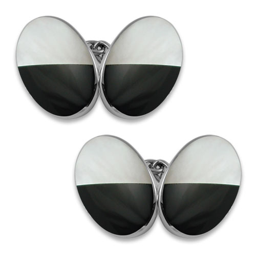 Sterling silver onyx and mother of pearl large oval cufflinks