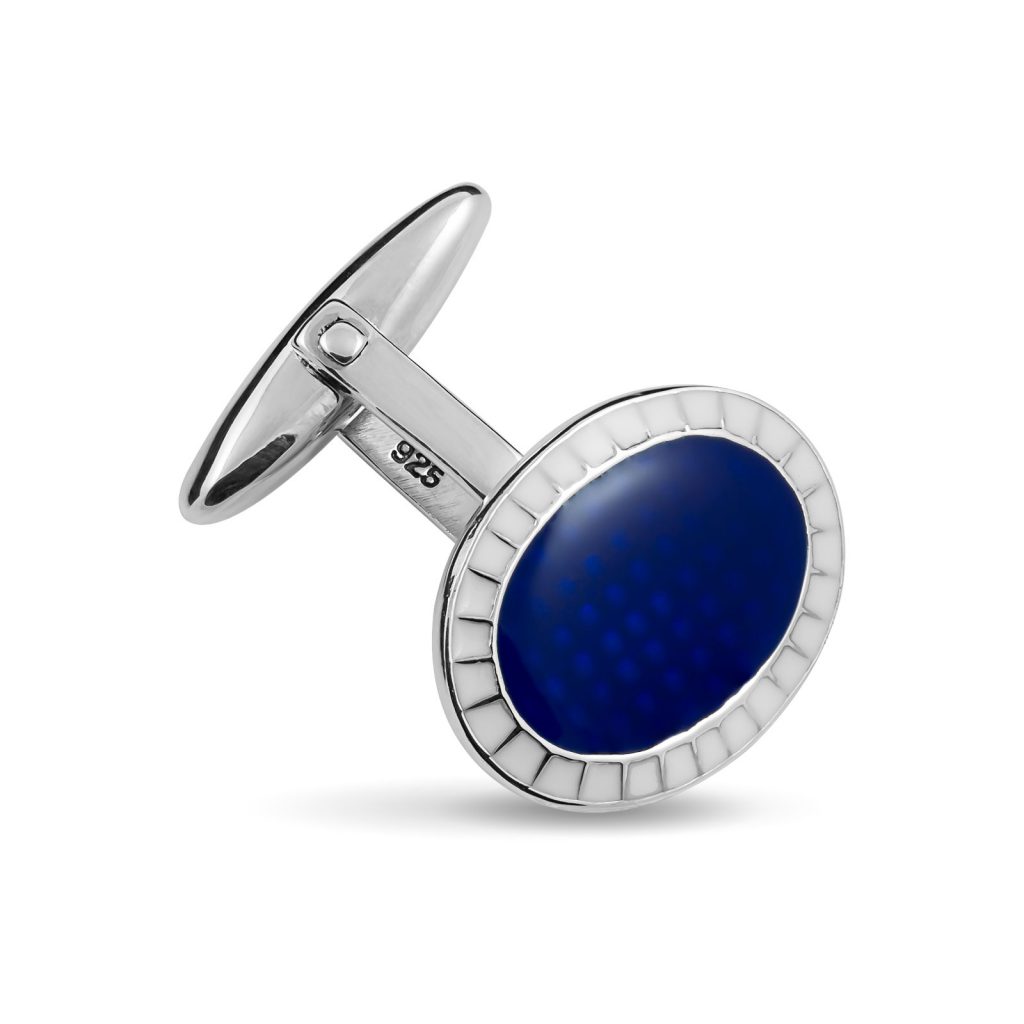 Sterling Silver Oval Enamelled Blue Cheque Cufflinks